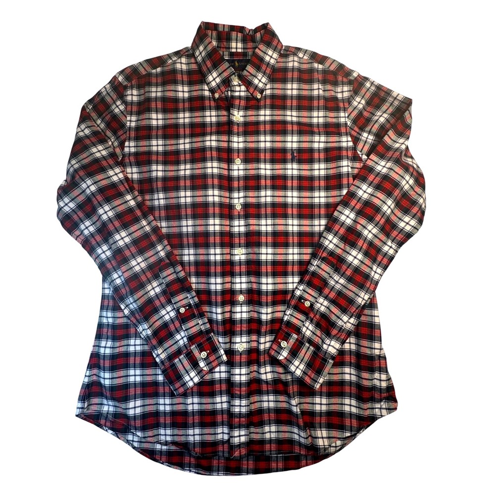 Ralph Lauren Mens Plaid Button Down Shirt Red Navy Custom Fit Large Long Sleeveb